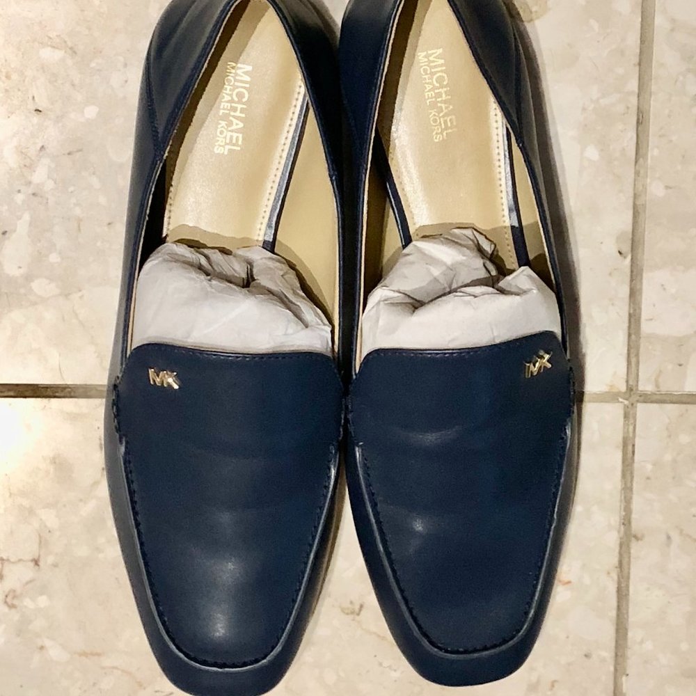 Brand New leather Michael Kors blue loafers slip-ons, gold MK